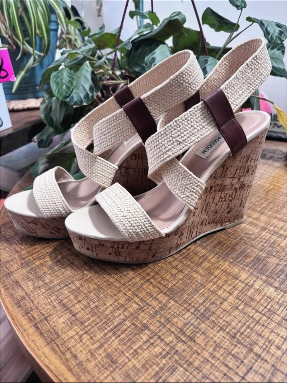 Steve Madden Cream Woven Cork Wedge Sandals with Brown Accents